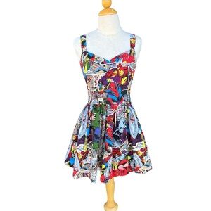 VTG Marvel Comics Fit and Flare Mini Skater Dress Spider-Man Hulk Thor Colorful